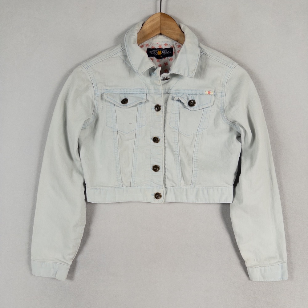 Lucky Brand Denim Jacket Girls Sz Large Blue Light Wash Cropped Button Up *